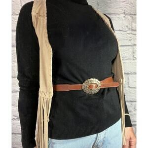 Boho Western/Cowgirl Style Leather Belt with Tarnished Silver Scalloped  Buckle